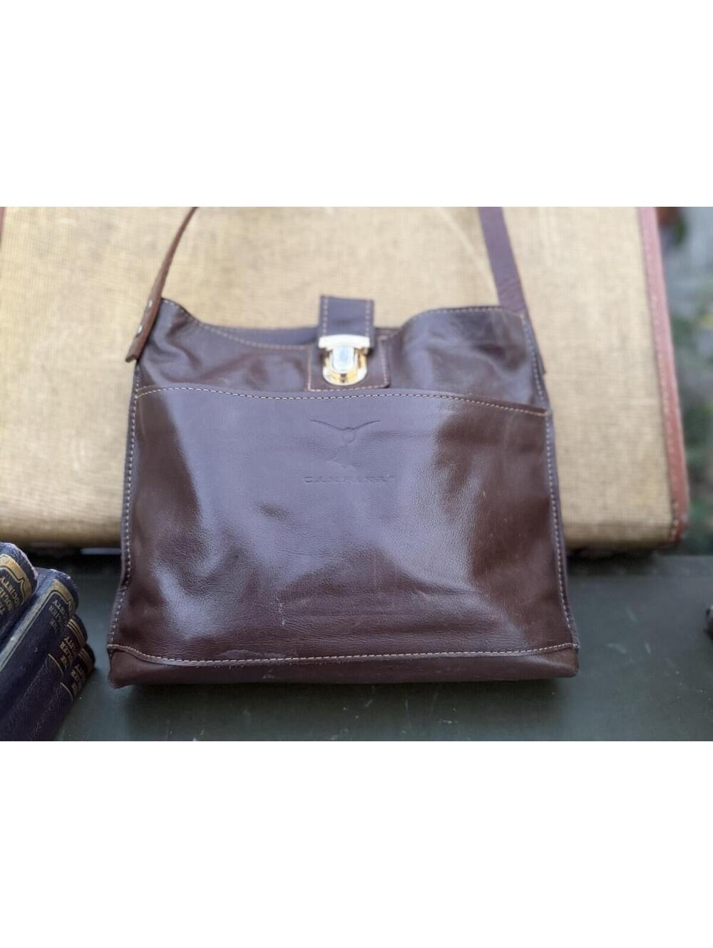 👜✨ Campanini Brown Leather Shoulder Bag Turn Lock Closure Logo Accents